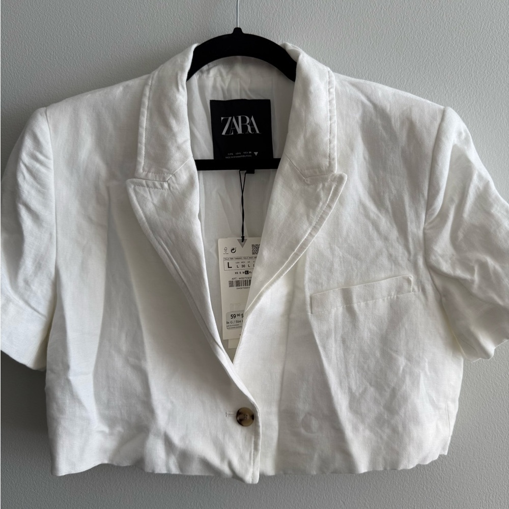 Zara Cropped White Linen Blazer